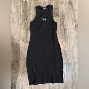 White Fox Boutique Black Mini Dress with Blue Butterfly